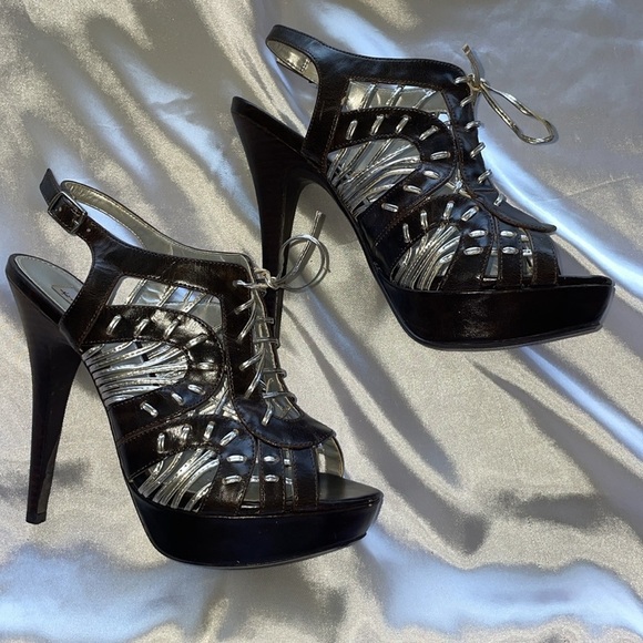 Hot In Hollywood Sexy Silver & Brown Lace Up Slingback Stiletto Heels Size 9 - Picture 2 of 10